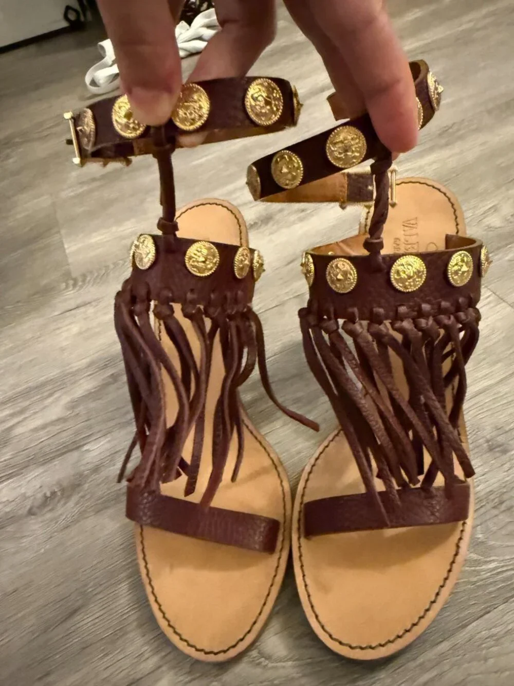 NEW Valentino Brown Chunky Sandals with Gold Coins and Fringe - Size 38